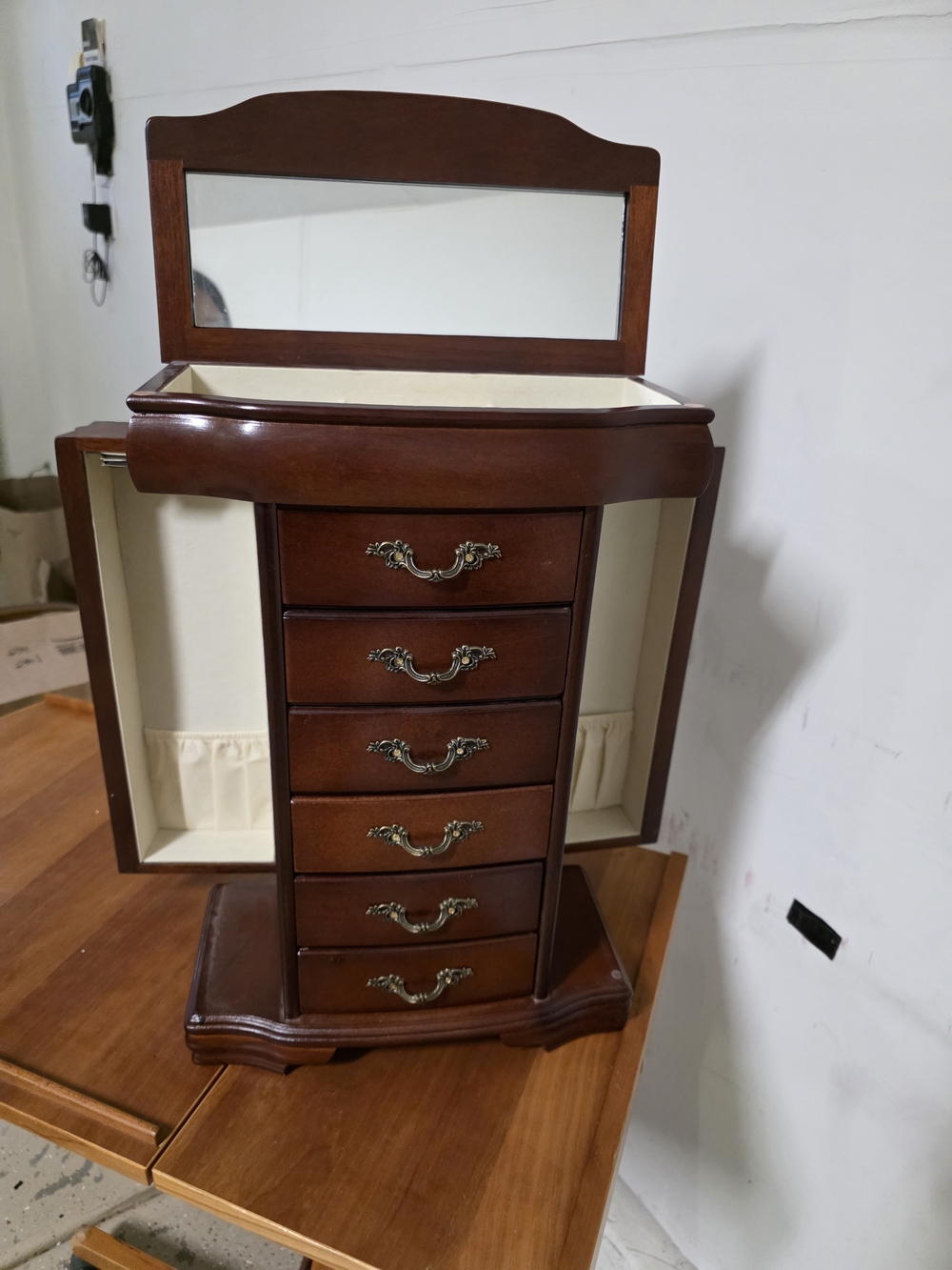 Classic Wooden Jewelry Armoire in Dark Brown with Mirror